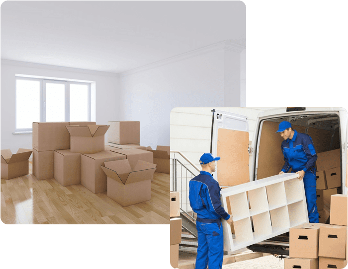 A room with boxes and two men in blue suits.